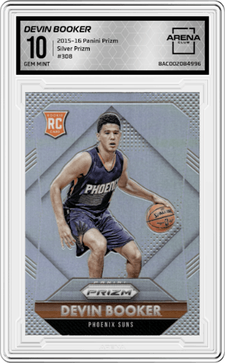 Devin Booker from the 2015-16 Panini Prizm  set featuring a Silver Prizm parallel graded by Arena Club and given an overall grade of 10.
