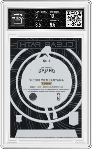 Victor Wembanyama  from the 2023-24 Panini Donruss Elite set graded by Arena Club and given an overall grade of 9.