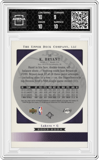 Kobe Bryant from the 2003-04 Upper Deck Standing O set graded by Arena Club and given an overall grade of 9.5.