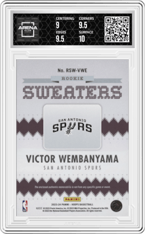Victor Wembanyama from the 2023-24 Panini NBA Hoops set graded by Arena Club and given an overall grade of 9.5.