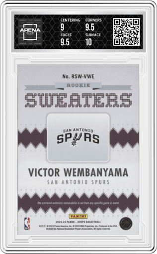 Victor Wembanyama from the 2023-24 Panini NBA Hoops set graded by Arena Club and given an overall grade of 9.5.