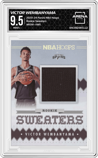 Victor Wembanyama from the 2023-24 Panini NBA Hoops set graded by Arena Club and given an overall grade of 9.5.