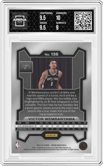 Victor Wembanyama from the 2023-24 Panini Prizm set graded by Arena Club and given an overall grade of 9.5.