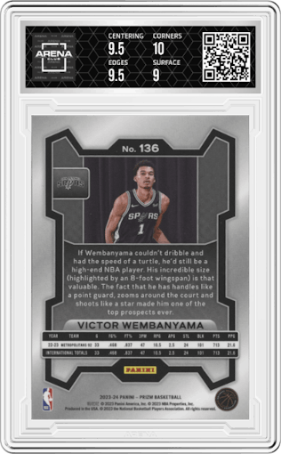 Victor Wembanyama from the 2023-24 Panini Prizm set graded by Arena Club and given an overall grade of 9.5.