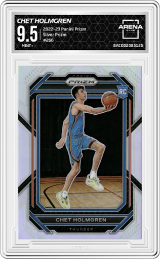 Chet Holmgren from the 2022-23 Panini Prizm  set featuring a Silver Prizm parallel graded by Arena Club and given an overall grade of 9.5.