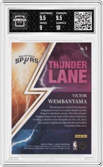 Victor Wembanyama from the 2023-24 Panini Select  set graded by Arena Club and given an overall grade of 9.5.