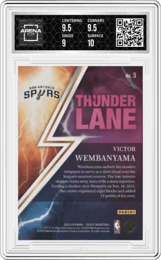 Victor Wembanyama from the 2023-24 Panini Select  set graded by Arena Club and given an overall grade of 9.5.