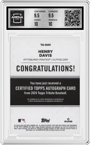 Henry Davis from the 2024 Topps Tribute set featuring a Blue parallel graded by Arena Club and given an overall grade of 10.