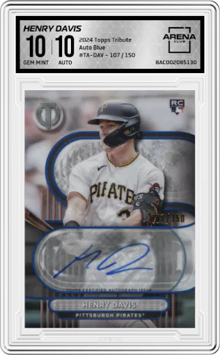 Henry Davis from the 2024 Topps Tribute set featuring a Blue parallel graded by Arena Club and given an overall grade of 10.