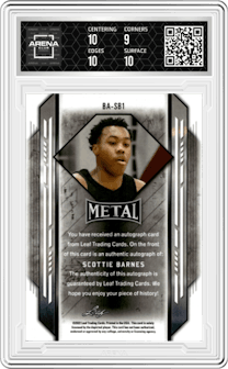 Scottie Barnes from the 2021-22 Leaf Metal set featuring a Silver Mojo  parallel graded by Arena Club and given an overall grade of 9.5.