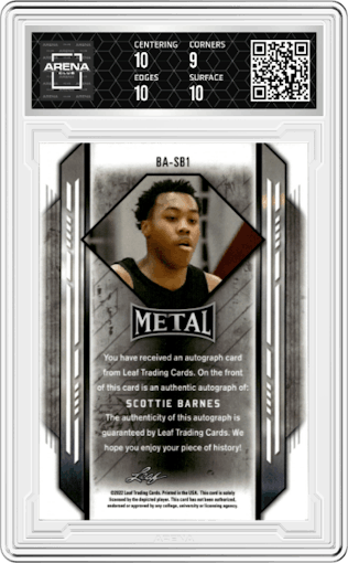 Scottie Barnes from the 2021-22 Leaf Metal set featuring a Silver Mojo  parallel graded by Arena Club and given an overall grade of 9.5.