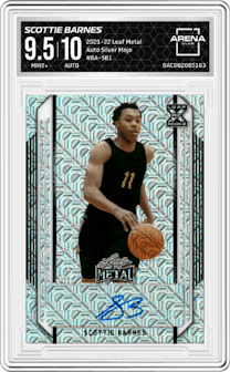 Scottie Barnes from the 2021-22 Leaf Metal set featuring a Silver Mojo  parallel graded by Arena Club and given an overall grade of 9.5.
