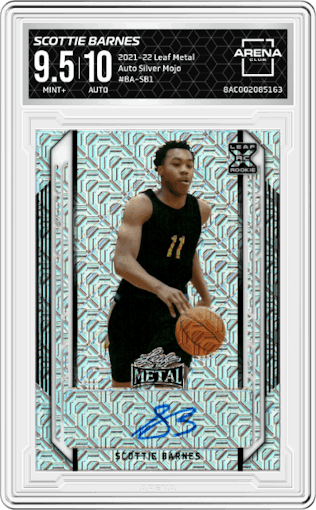 Scottie Barnes from the 2021-22 Leaf Metal set featuring a Silver Mojo  parallel graded by Arena Club and given an overall grade of 9.5.