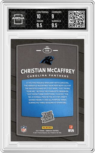 Christian McCaffrey from the 2017 Panini Donruss set featuring a Press Proof Blue parallel graded by Arena Club and given an overall grade of 9.5.