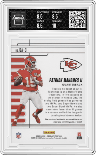 Patrick Mahomes II from the 2023 Panini Absolute set featuring a Gold parallel graded by Arena Club and given an overall grade of 9.