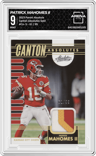 Patrick Mahomes II from the 2023 Panini Absolute set featuring a Gold parallel graded by Arena Club and given an overall grade of 9.