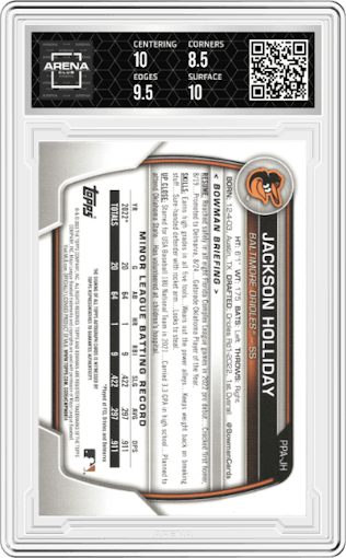 Jackson Holliday from the 2023 Bowman  set featuring a Blue Border parallel graded by Arena Club and given an overall grade of 9.