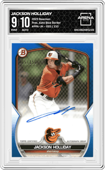 Jackson Holliday from the 2023 Bowman  set featuring a Blue Border parallel graded by Arena Club and given an overall grade of 9.