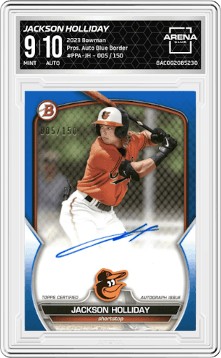 Jackson Holliday from the 2023 Bowman  set featuring a Blue Border parallel graded by Arena Club and given an overall grade of 9.