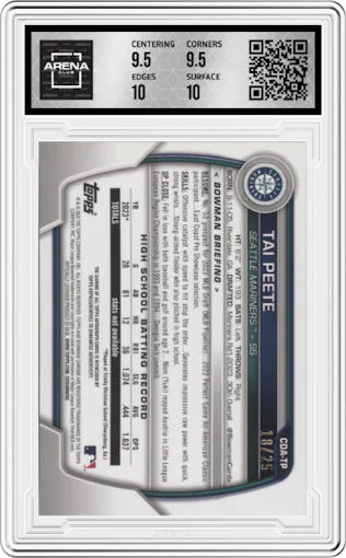 Tai Peete from the 2023 Bowman Draft set featuring a Orange Refractor parallel graded by Arena Club and given an overall grade of 10.