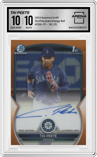 Tai Peete from the 2023 Bowman Draft set featuring a Orange Refractor parallel graded by Arena Club and given an overall grade of 10.