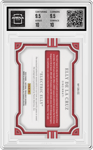 Elly De La Cruz from the 2023 Panini National Treasures set graded by Arena Club and given an overall grade of 10.