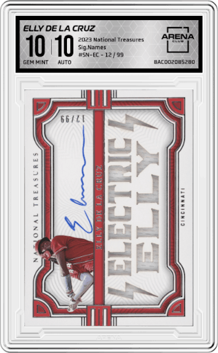 Elly De La Cruz from the 2023 Panini National Treasures set graded by Arena Club and given an overall grade of 10.