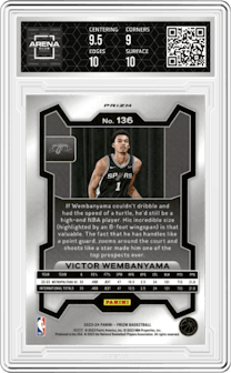 Victor Wembanyama from the 2023-24 Panini Prizm set featuring a Pink Ice Prizm parallel graded by Arena Club and given an overall grade of 9.5.