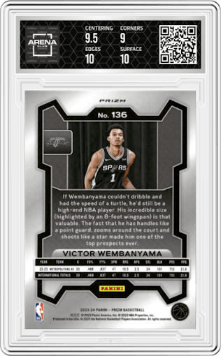 Victor Wembanyama from the 2023-24 Panini Prizm set featuring a Pink Ice Prizm parallel graded by Arena Club and given an overall grade of 9.5.