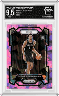 Victor Wembanyama from the 2023-24 Panini Prizm set featuring a Pink Ice Prizm parallel graded by Arena Club and given an overall grade of 9.5.