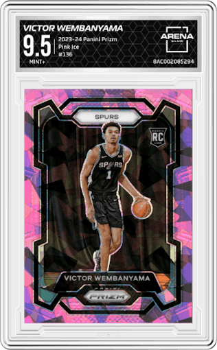 Victor Wembanyama from the 2023-24 Panini Prizm set featuring a Pink Ice Prizm parallel graded by Arena Club and given an overall grade of 9.5.
