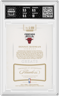 Dennis Rodman from the 2016-17 Panini Flawless  set featuring a Ruby parallel graded by Arena Club and given an overall grade of 9.