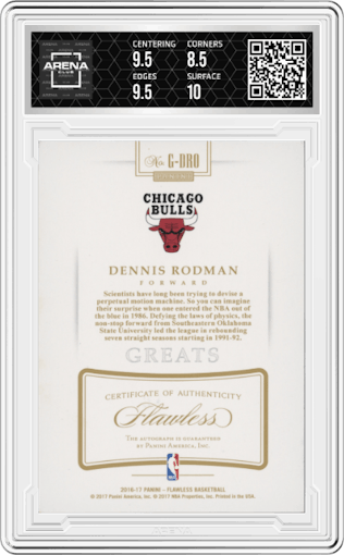 Dennis Rodman from the 2016-17 Panini Flawless  set featuring a Ruby parallel graded by Arena Club and given an overall grade of 9.