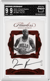 Dennis Rodman from the 2016-17 Panini Flawless  set featuring a Ruby parallel graded by Arena Club and given an overall grade of 9.