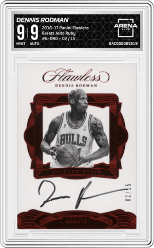 Dennis Rodman from the 2016-17 Panini Flawless  set featuring a Ruby parallel graded by Arena Club and given an overall grade of 9.