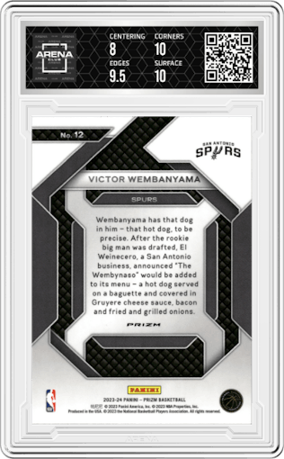 Victor Wembanyama from the 2023-24 Panini Prizm set featuring a Silver Prizm parallel graded by Arena Club and given an overall grade of 8.5.