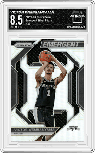 Victor Wembanyama from the 2023-24 Panini Prizm set featuring a Silver Prizm parallel graded by Arena Club and given an overall grade of 8.5.