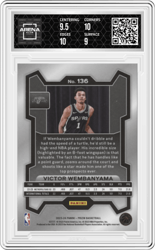 Victor Wembanyama from the 2023-24 Panini Prizm set graded by Arena Club and given an overall grade of 9.5.