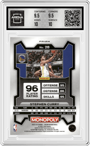 Stephen Curry from the 2023-24 Panini Prizm Monopoly set featuring a Purple Wave parallel graded by Arena Club and given an overall grade of 10.