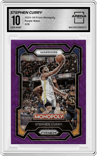 Stephen Curry from the 2023-24 Panini Prizm Monopoly set featuring a Purple Wave parallel graded by Arena Club and given an overall grade of 10.