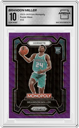 Brandon Miller from the 2023-24 Panini Prizm Monopoly set featuring a Purple Wave parallel graded by Arena Club and given an overall grade of 10.