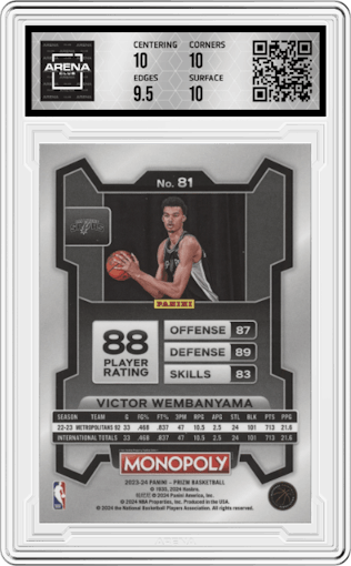 Victor Wembanyama from the 2023-24 Panini Prizm Monopoly set graded by Arena Club and given an overall grade of 10.