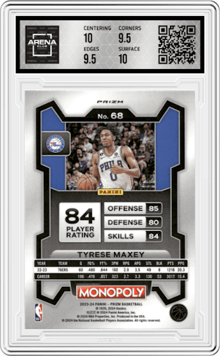 Tyrese Maxey from the 2023-24 Panini Prizm Monopoly set featuring a Purple Wave parallel graded by Arena Club and given an overall grade of 10.