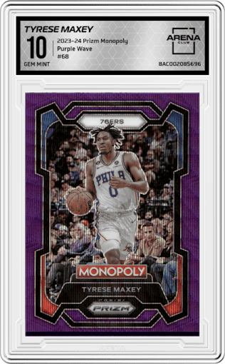 Tyrese Maxey from the 2023-24 Panini Prizm Monopoly set featuring a Purple Wave parallel graded by Arena Club and given an overall grade of 10.