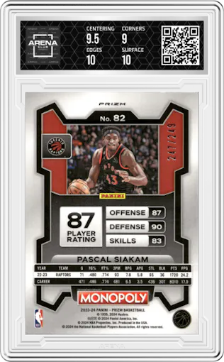 Pascal Siakam from the 2023-24 Panini Prizm Monopoly set featuring a Brown parallel graded by Arena Club and given an overall grade of 9.5.