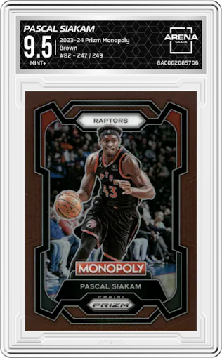 Pascal Siakam from the 2023-24 Panini Prizm Monopoly set featuring a Brown parallel graded by Arena Club and given an overall grade of 9.5.