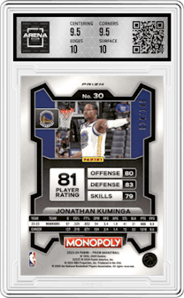 Jonathan Kuminga from the 2023-24 Panini Prizm Monopoly set featuring a Pink parallel graded by Arena Club and given an overall grade of 10.