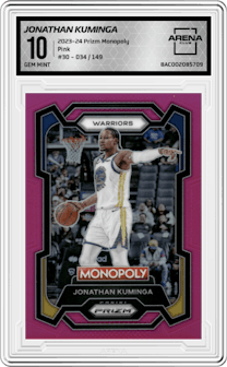 Jonathan Kuminga from the 2023-24 Panini Prizm Monopoly set featuring a Pink parallel graded by Arena Club and given an overall grade of 10.