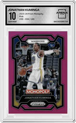 Jonathan Kuminga from the 2023-24 Panini Prizm Monopoly set featuring a Pink parallel graded by Arena Club and given an overall grade of 10.