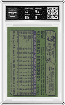 Rickey Henderson from the 1982 Topps set graded by Arena Club and given an overall grade of 8.